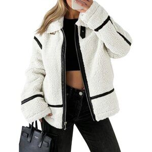 Faux Fur Sherpa Moto Jacket with Leather Patchwork Zip Up Coat